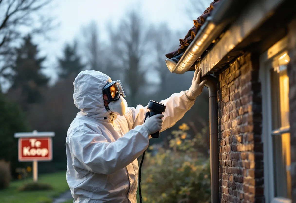 Een asbestdeskundige in witte beschermende kleding inspecteert de zolder van een oude Vlaamse rijwoning met een zaklamp, terwijl door het dakraam een 'Te Koop'-bord in de voortuin zichtbaar is.