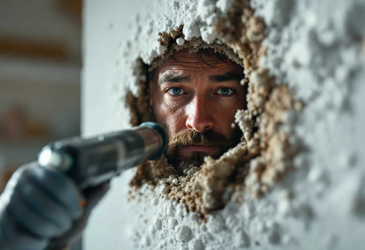 Een fotorealistische close-up van een erkend asbestdeskundige die een monster boort uit een witte muur in een klassieke Belgische woning, met een microscopisch beeld van asbestvezels op de achtergrond.