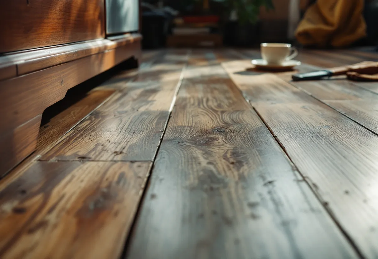 Een close-up van een beschadigde oude vinyl vloerbedekking met een asbestverdacht gemêleerd patroon, in een Belgische woonkamer met daglicht, naast een beschermende handschoen en een monsternamezakje.