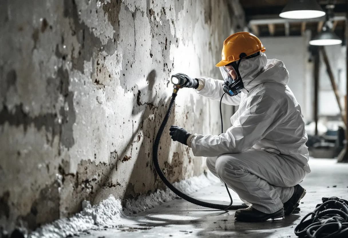 Een fotorealistische scène van een asbestconsulent in witte beschermende kleding die met een zaklamp een oude zoldervloer inspecteert, omringd door veiligheidsafbakening.