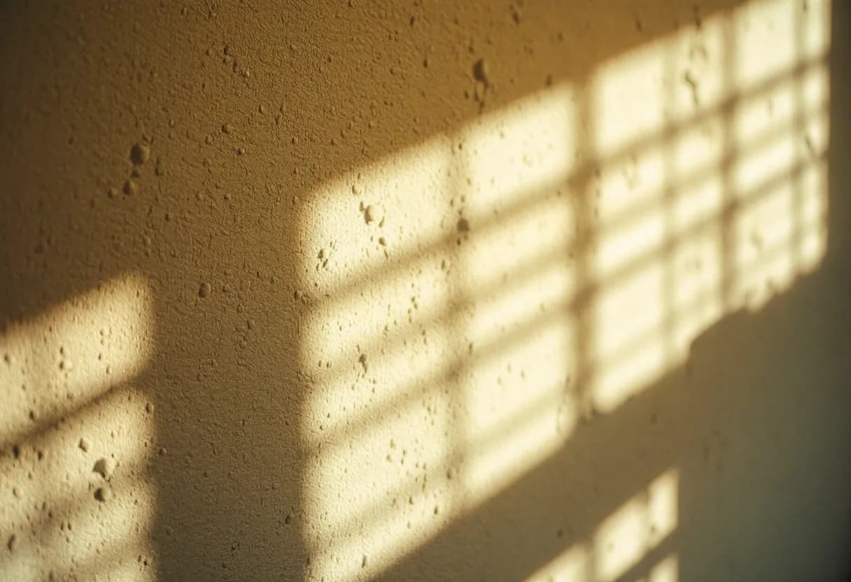 Een fotorealistische close-up van een muur in een jaren '70 woning met afbladderende verf die asbesthoudende onderlaag blootlegt, stofdeeltjes zichtbaar in zonlicht.