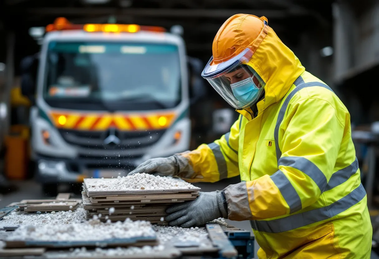 Een fotorealistisch beeld van een erkend asbestverwijderaar in beschermende kleding die zorgvuldig asbestplaten in een dubbele plastic zak stopt op een werf in België, met een busje van het bedrijf op de achtergrond.