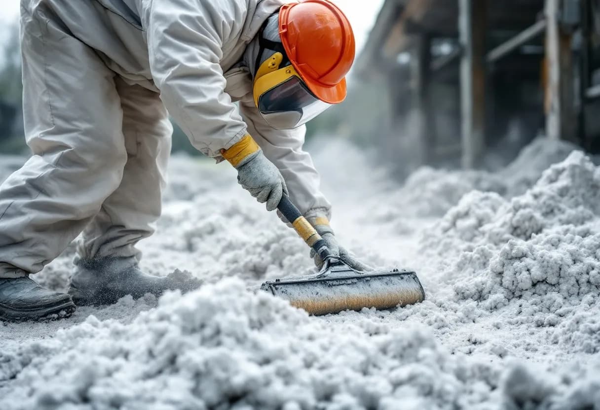 Een fotorealistische close-up van een asbestverwijderaar in witte tyvek-overall en volgelaatsmasker die voorzichtig een asbestgolfplaat van een oud dak tilt, met op de achtergrond een Vlaamse schuur en grijze lucht.