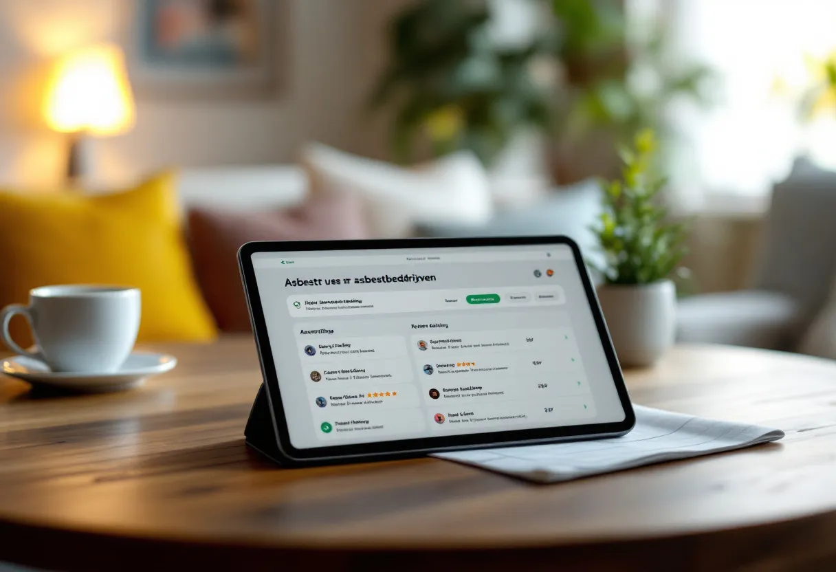 Een close-up van een tabletscherm waarop een overzicht van asbestbedrijven met sterrenratings en reviewteksten te zien is, geplaatst op een houten tafel naast een kop koffie in een woonkamer met daglicht.