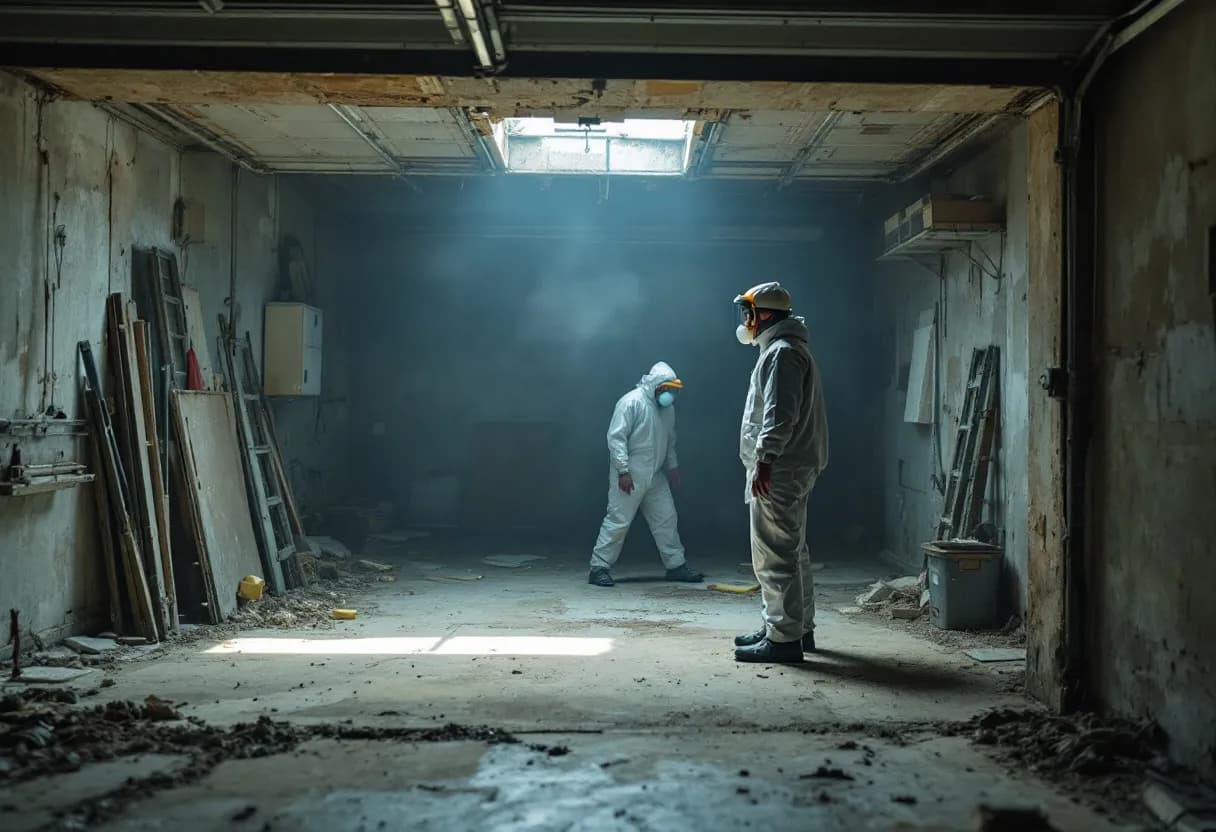 Een fotorealistische afbeelding van een oude garage met asbestverdachte golfplaten op het dak, terwijl een inspecteur met mondmasker en veiligheidskleding een monster neemt voor asbestanalyse.