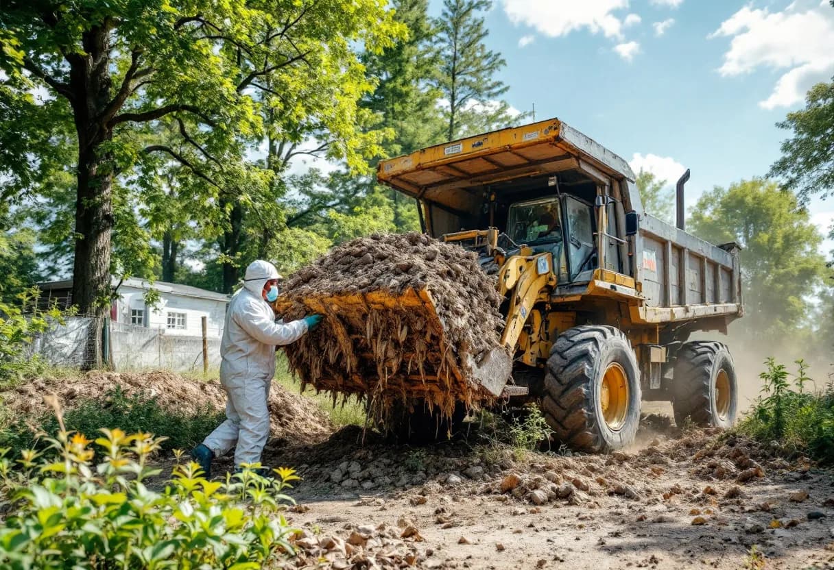 Een fotorealistische scène van een erkende asbestverwijderaar in witte beschermende overall en ademmasker die voorzichtig een oude asbestgolfplaat van een schuurdak verwijdert, op een zonnige dag in een Vlaamse tuin.