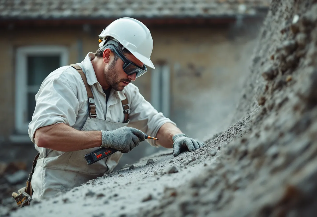 Een man in witte beschermende overall, veiligheidsbril en ademmasker neemt met een pincet voorzichtig een monster van oude cementgolfplaten op het dak van een jaren '70 woning in Vlaanderen.