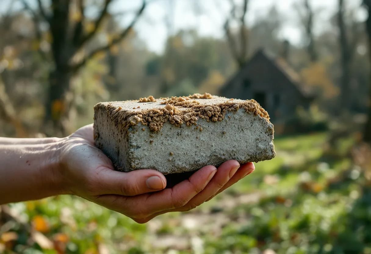 Een hand houdt een afgebroken stuk verweerde cementgolfplaat vast, met grijze, vezelige vezels zichtbaar op het breukvlak, tegen een achtergrond van een oude tuinschuur bij daglicht.