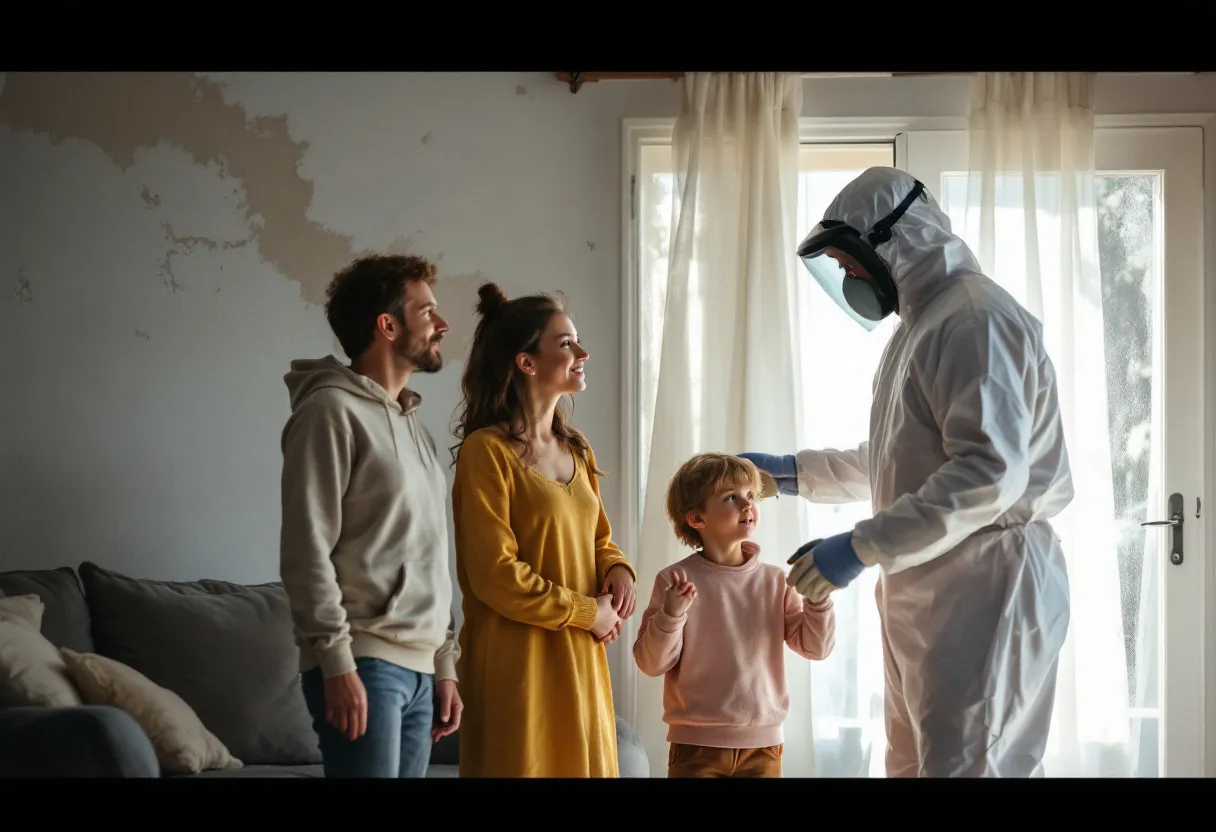 Een gezin met twee kinderen staat in hun woonkamer terwijl een professional in beschermende kleding een asbestmonster neemt van een muur; natuurlijk licht valt door het raam.