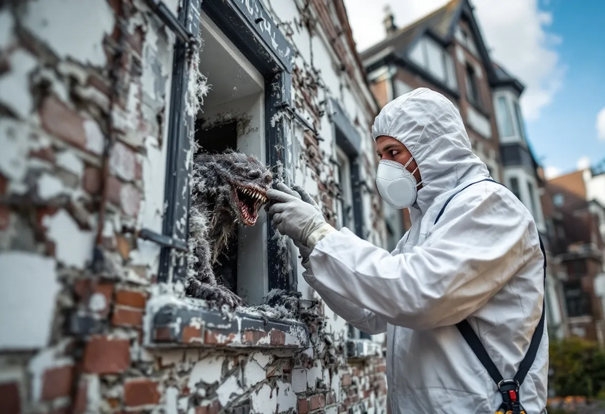 Een erkende asbestverwijderaar in witte beschermende overall en masker inspecteert een oud Brussels herenhuis met typische gevel, terwijl hij een asbestmonster neemt uit een buisisolatie.