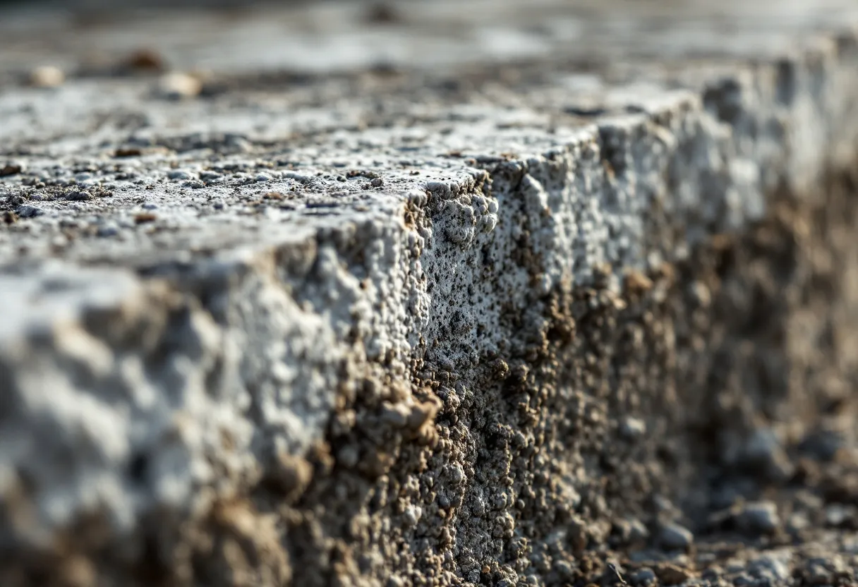 Een fotorealistische close-up van een verweerde asbestcement golfplaat met typische golfstructuur, grijze kleur en zichtbare witte vezels aan de breukrand, op de grond naast een oude schuur.