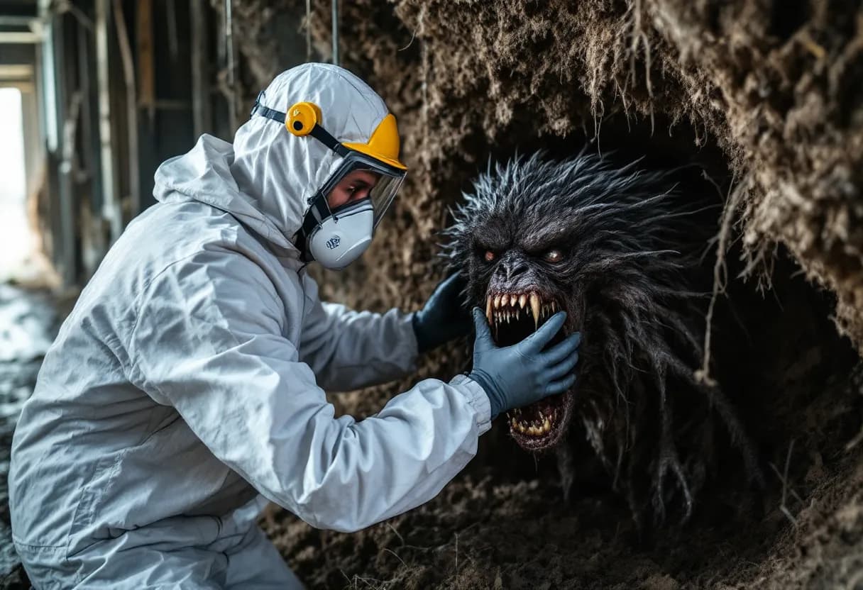 Een erkende asbestdeskundige in witte beschermende overall en ademhalingsmasker neemt een monster van een verdachte isolatieleiding in een Belgische zolderruimte.