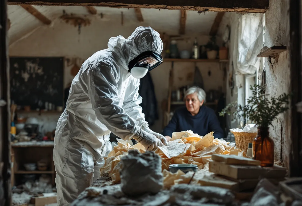 Een erkende asbestdeskundige in witte beschermende overall en masker neemt met een mes een staal van asbestverdacht materiaal in de zolderkamer van een oud Belgisch huis, terwijl een bewoner toekijkt met een bezorgde uitdrukking.