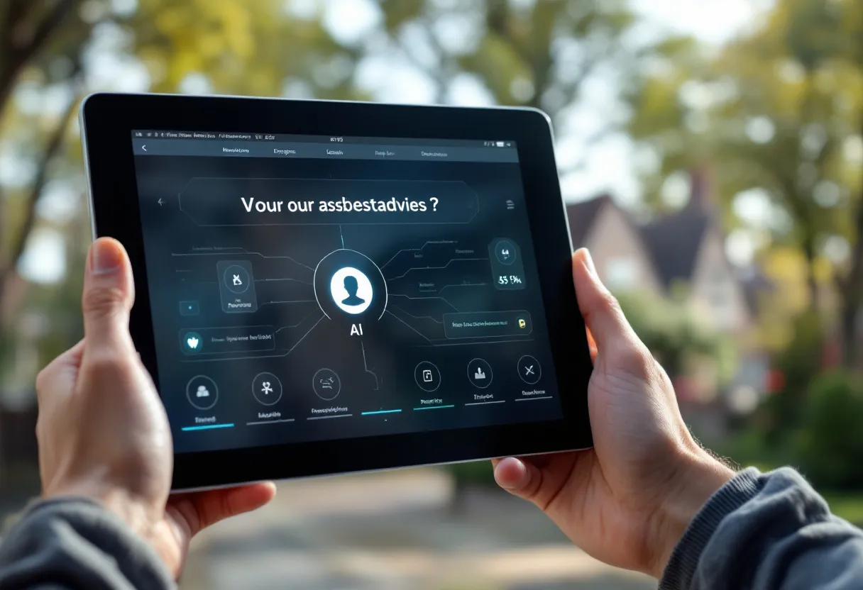 Een tablet toont een interface voor asbestadvies met een AI-symbool, op de achtergrond staat een oud herenhuis met asbestdaken in een Vlaamse straat.