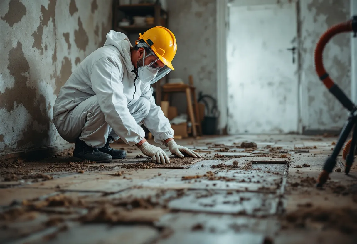 Een erkende asbestdeskundige in witte beschermende overall en volgelaatsmasker inspecteert zorgvuldig een oude zoldervloer in een Belgische woning.