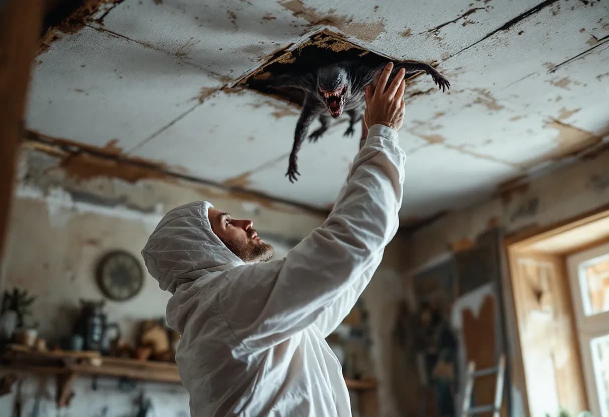 Een gecertificeerde asbestinventariseerder in witte beschermende kleding neemt een monster van het plafond in een karakteristiek Brabants huis met originele balken en bakstenen muren.