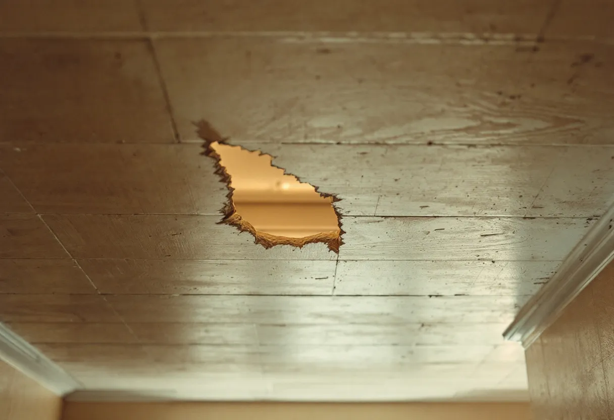 Een close-up van een ouderwets plafond met zachtboardplaten waarvan een hoek is afgebroken, waardoor grijze asbestvezels zichtbaar worden, in een woonkamer met jaren '70 meubels.