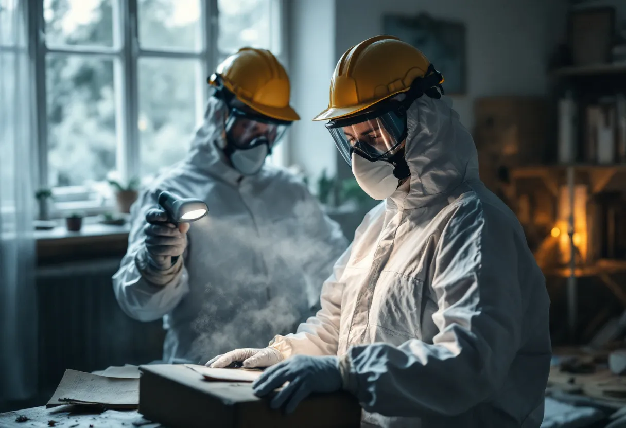 Een fotorealistische foto van een erkende asbestdeskundige in witte beschermende overall en ademmasker die met een zaklamp een oude zolder inspecteert, terwijl hij zichtbare asbestverdachte leidingisolatie onderzoekt in een Vlaamse woning.