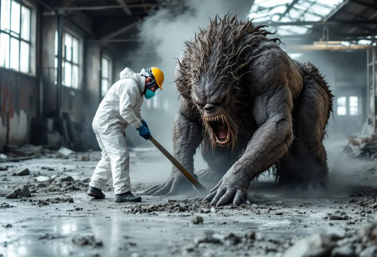 Een erkende asbestdeskundige in witte beschermingskleding en volgelaatsmasker neemt met een spatel een monster van een verdachte vezelcementplaat in een verlaten industrieel gebouw met afbladderende verf en betonnen vloeren.