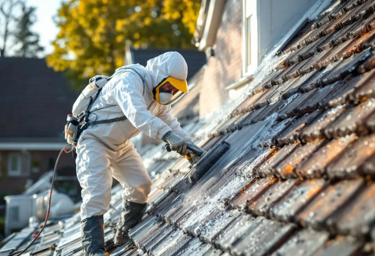 Een erkende asbestverwijderaar in witte beschermende kleding en volgelaatmasker verwijdert voorzichtig asbesthoudende golfplaten van een dak van een Vlaamse woning, terwijl hij een strikte veiligheidsprocedure volgt.